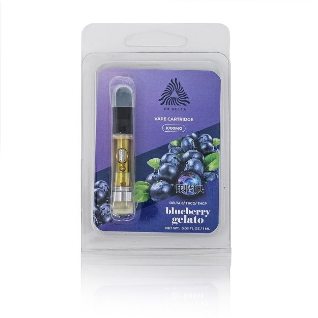 Ecommerce style image of blueberry gelato flavored celestial cannabinoid blend vape cartridge