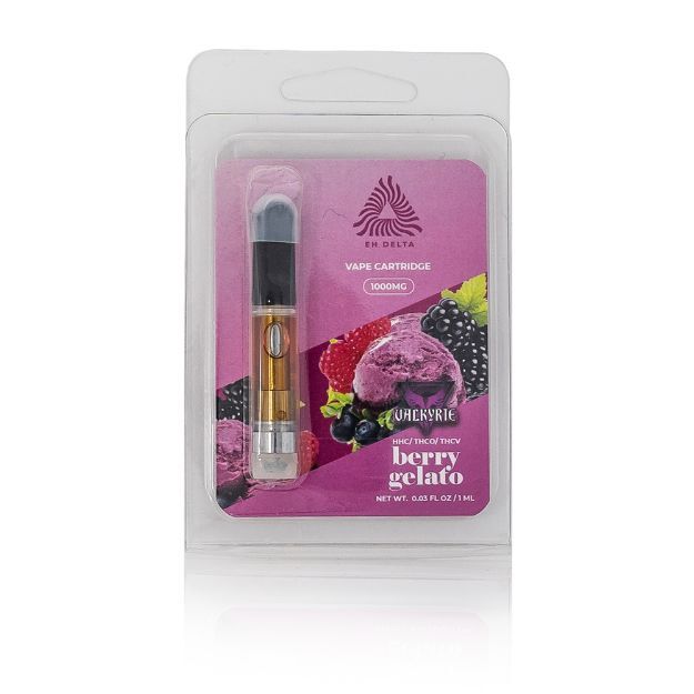 Ecommerce style image of berry gelato flavored valkyrie cannabinoid blend vape cartridge