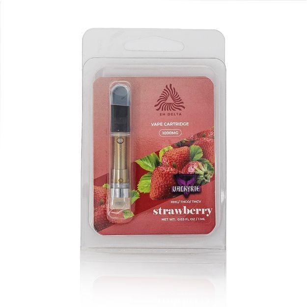 Ecommerce style image of strawberry flavored valkyrie cannabinoid blend vape cartridge