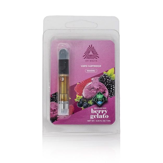 Ecommerce style image of berry gelato flavored utopia cannabinoid blend vape cartridge