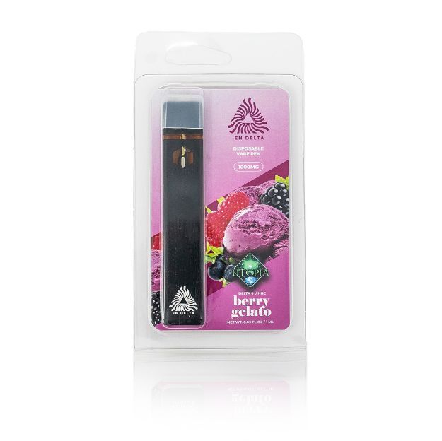 Ecommerce style image of berry gelato flavored utopia cannabinoid blend disposable vape pen