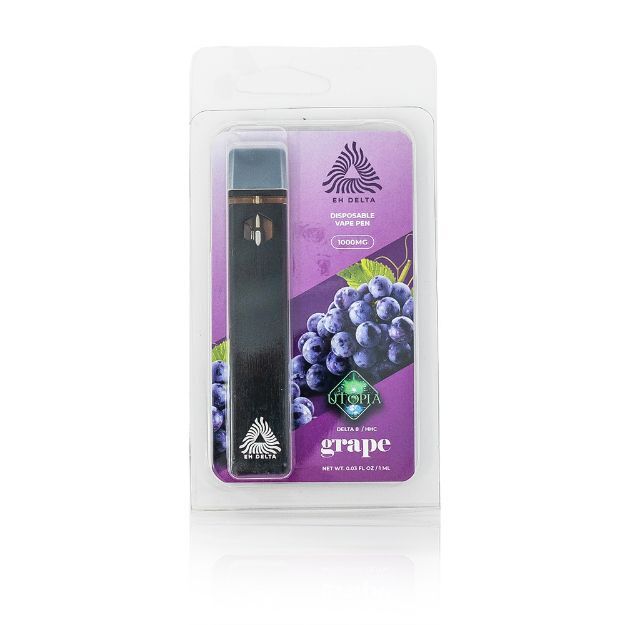 Ecommerce style image of grape flavored utopia cannabinoid blend disposable vape pen