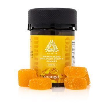 Ecommerce style image of mango flavored nirvana cannabinoid blend gummies