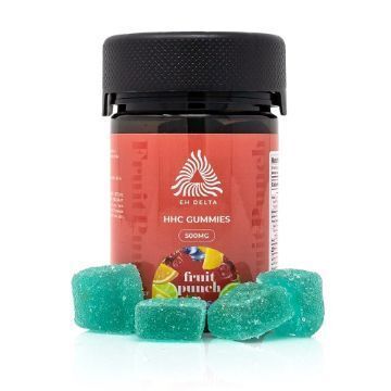 Ecommerce style image of fruit punch flavored HHC cannabinoid gummies